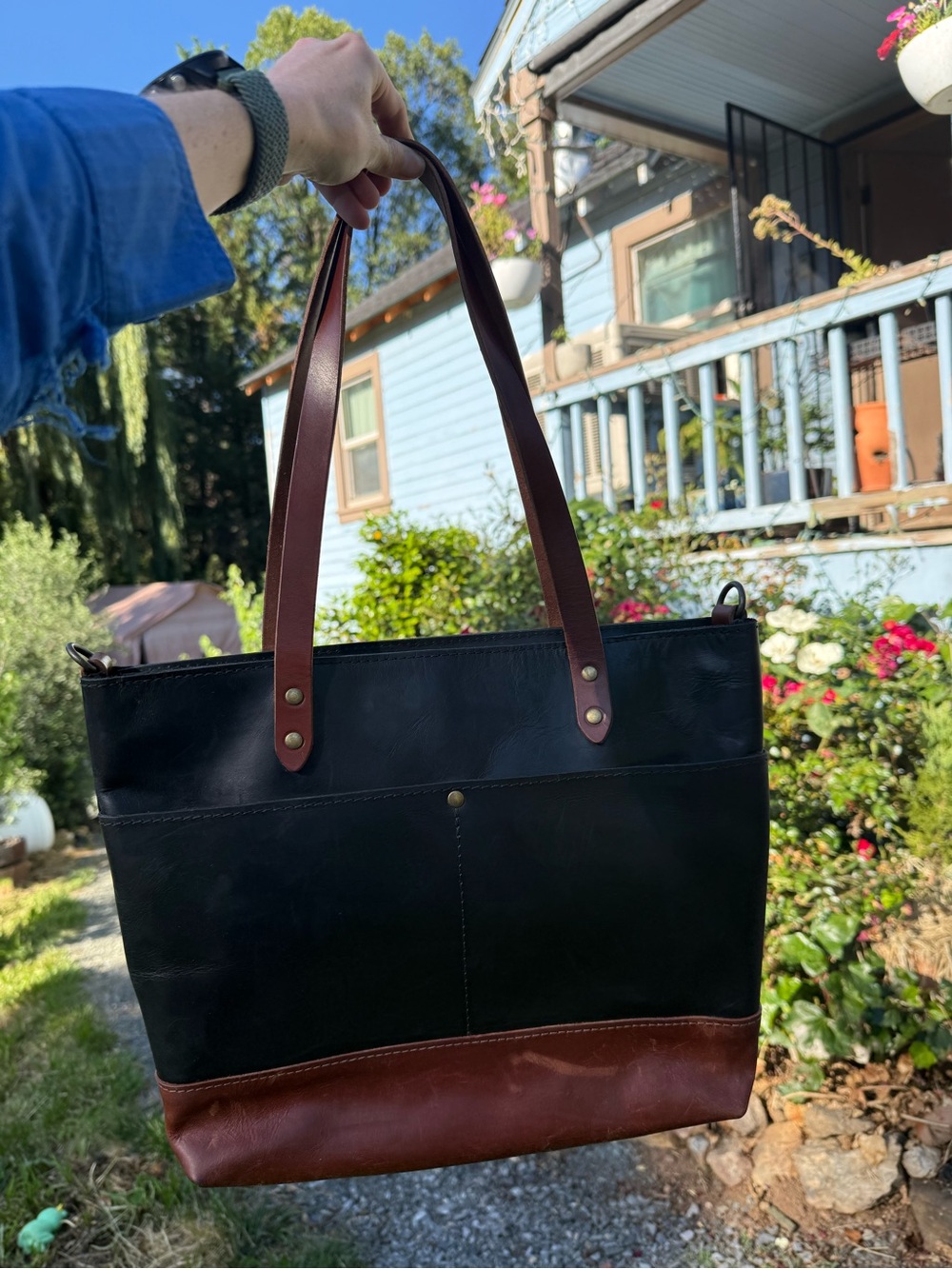 Classic Two-Tone Black and Brown Leather Crossbody Tote